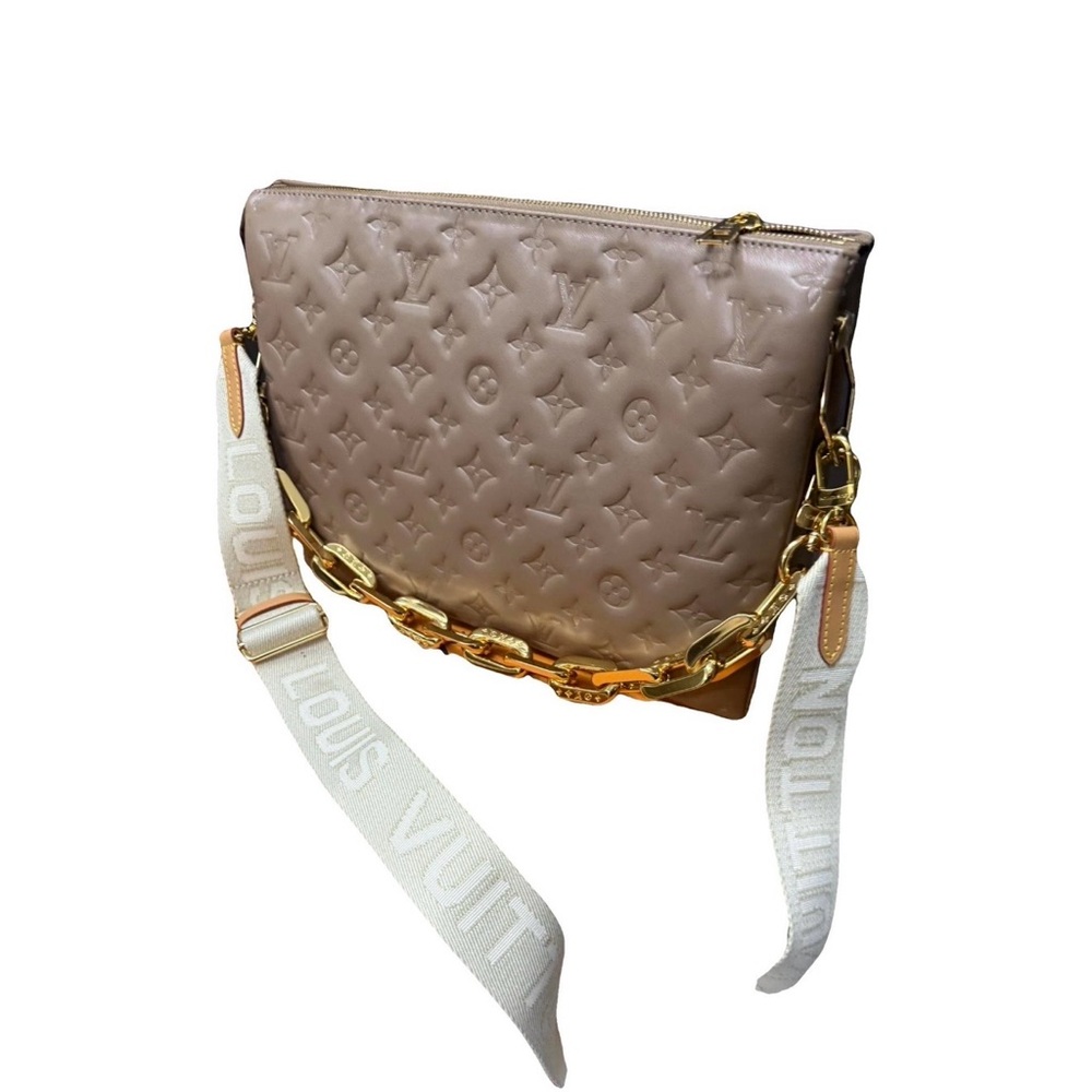 Louis Vuitton Taupe Coussin MM Monogram Crossbody with White Strap & Gold Chain